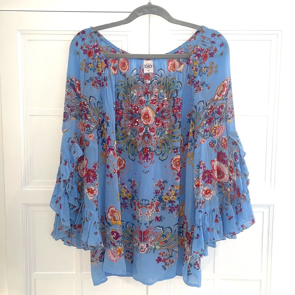 Cute Bila Boho Blue Floral Top Blouse, Size Large